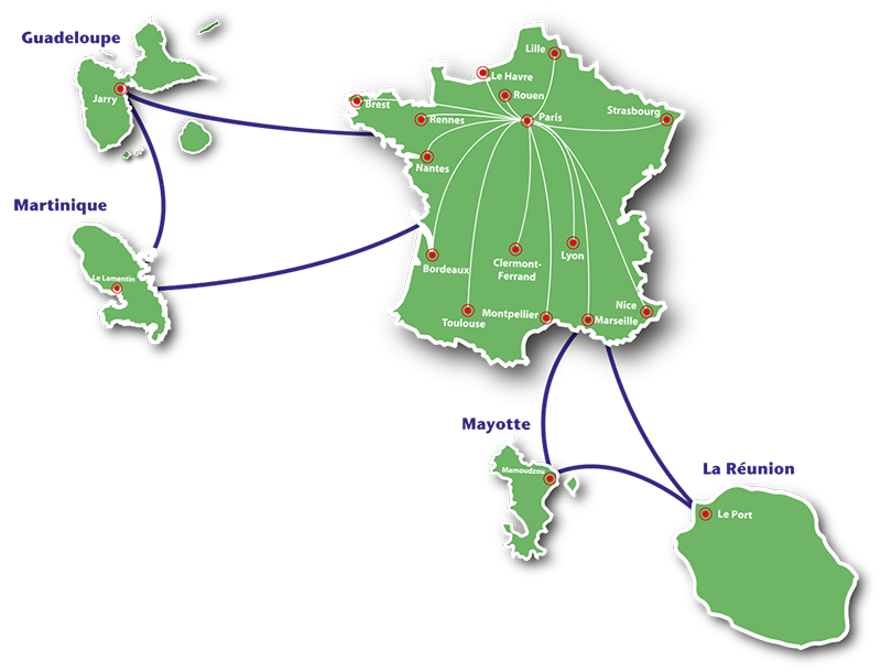 Carte transit entre les DOM-TOM et la France avec Réunion Carte transit entre les DOM-TOM et la France